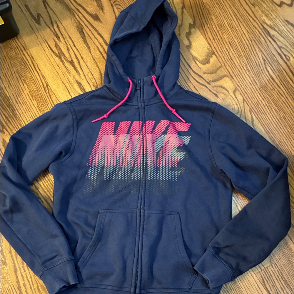 Nike Club Swoosh Full Zip Navy Hoodie Pink Accents Unisex Small Y2K Cotton/poly